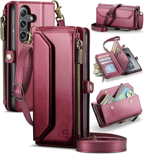 Strapurs Crossbody Wallet Case Compatible with Samsung Galaxy S25 Plus RFID Blocking Card Holder Soft PU Leather Magnetic Snap Strap Zipper Pocket Phone Case Fit for Galaxy S25+/ S25 Plus - Wine Red