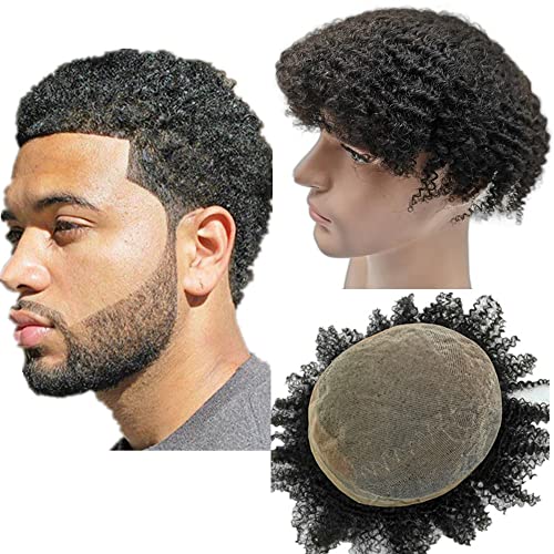 NLW Afro Toupee for men Afro curl Hair pieces for mens Human hair replacement system 8x10" lace hair units Jet Black color