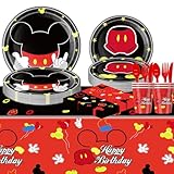 81 Pcs Mickey Party Tableware, Mouse Birthday Party Supplies, Paper Plates, Napkins, Cups, Knives, Spoons and Forks