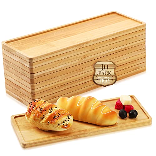 Bokon 10 Pcs Rectangle Wood Bamboo Tray Bamboo Serving Tray Wooden Serving Platter for Bathroom Counter Platter for Food Dinner Kitchen(Rounded Edges)