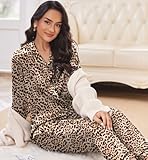 Ekouaer Silk Satin Pajamas Women's Long Sleeve Pj Set Soft Button Down 2 Piece Sleepwear Loungewear Brown Leopard,XL