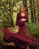 Saslax Long Chiffon Sleeve Tired Mermaid Maternity Dress for Photoshoot Photography Baby Shower Burgundy 12 Medium