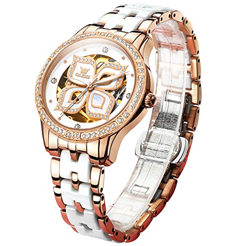 OLEVS White Ceramic Watches for Women Lucky Four Leaf Clover Skeleton Watch Two Tone Bracelet Luxury Mother of Pearl Dial Women's Automatic Watch Waterproof Big Wrist Self Winding Ladies Dress Watch