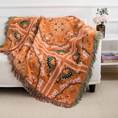 SahSahCasa 100% Cotton Throw Blanket, Orange Muslin Boho Throw Blanket, Soft Decorative Bohemian Reversible Blanket with Tassels for Chair Couch Bed Sofa Room Décor, 50x60 Inch, Orange/Green