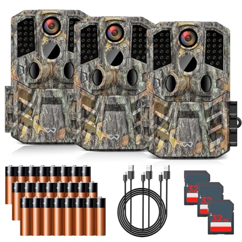WOSODA Trail Camera 3 Pack 30MP 1920P HD Game Camera with SD Cards, 0.2s Trigger Time Infrared Night Vision Motion Activated Hunting Cam, IP66 Waterproof 2.0''LCD Wildlife Camera for Monitoring