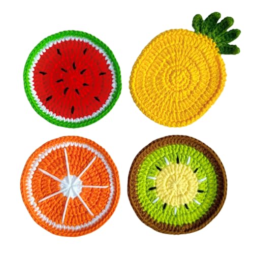 Drink Coasters Set of 4, Cute Crochet Fruit Coaster Gifts for Women, Funny Coffee Table Decor and Housewarming Gift for Home or Office