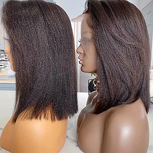 QUINLUX Short Bob Italian Yaki 13x6 Lace Front Human Hair Wigs For Black Women 150 Density Kinky Straight Lace Front Wigs HD Transparent Lace Peruvian Yaki Wig Pre Plucked with Baby Hair 8Inch