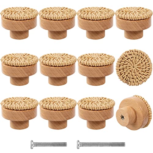 ANPHSIN 12 Pack Boho Wood Dresser Drawer Knobs- Handmade Rattan Woven Cabinet Knobs Pulls Handles with 24 Screws for Home Nursery Furniture