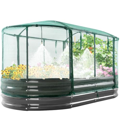 Quictent Galvanized Raised Garden Bed Kit with Self Watering System and Mesh Cover, Large Oval Metal Outdoor Planter Garden Boxes for Vegetables Herbs Flowers, 6x3x1Ft