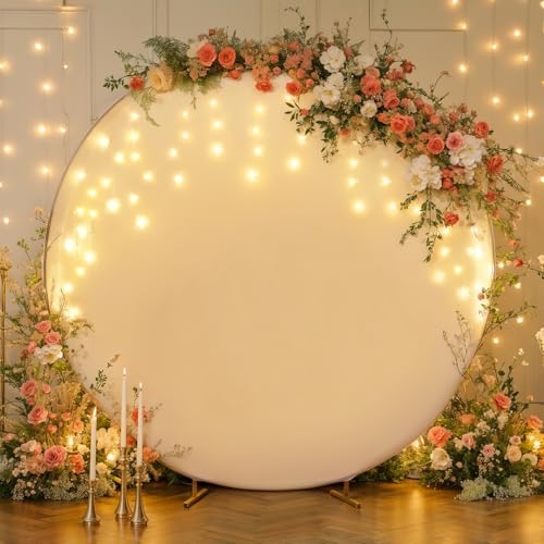 7.2 FT White Round Backdrop Cover with Lights String for Circle Arch Stand, Circle Backdrop Covers with LED Fairy Lights for Wedding Arch Baby Shower Birthday Party Photo Shoot Photography Background