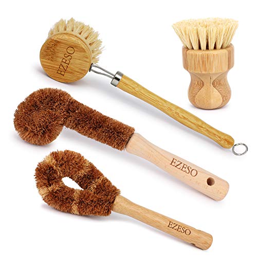 Natural Kitchen Brush Bamboo Dish Scrub Brush, Ezeso Cleaning Brush Set 4 Piece, Wooden Pot Cleaning Brush Bottle Brush