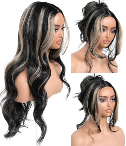 BrownBomb Highlights Synthetic Lace Front Wigs Body Wave Glueless Wigs With Bangs Black Blonde Pre Plucked Pre Cut HD Lace 13x5x1 Middle Part Wigs For Woman 26 Inch