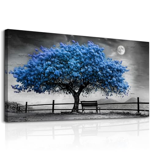 FUHAIHUA Canvas Wall Art For Living Room Large Wall Decor For Office Bedroom Decorations Black And White Landscape Pictures Blue Tree Painting Artwork Room Wall Mural Aesthetic Home Decor 30x60 In