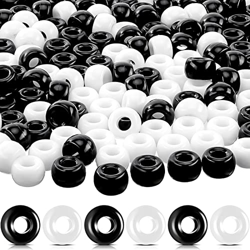 Jexine 1000 Pcs 6 x 9mm Pony Beads White and Black Plastic Barrel Black and White Pony Beads for DIY Party Craft Wristband Jewelry Making Opaque Barrel Bead
