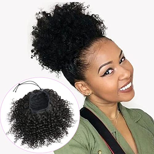 FEIPRO Afro Puff Kinky Curly Drawstring Ponytail Buns Natural Human Hair Pieces for Black Women,Girls,Kids 10 Inch #1B Natural Black