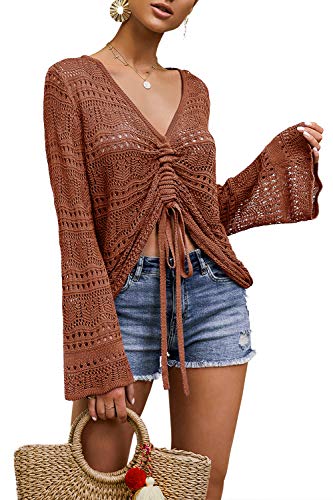 Saodimallsu Womens Oversized V Neck Shirts Flowy Crochet Bell Sleeve Boho Tops Sexy Tie Front Ruched Ruffle Top Blouse Brick Red