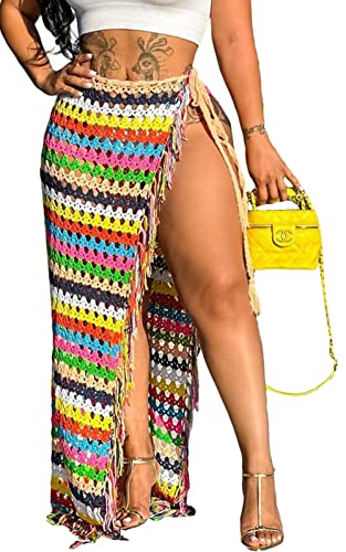Mintsnow Women Sexy Tassel High Slit Crochet Sarongs Wrap Coverup Summer Knit See Through Maxi Skirts Beach Swimsuit S Multicolor