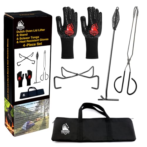 IPROUDER 5-in-1 Dutch Oven Camping Accessories Kit - Campfire Cooking Equipment with Heat-Resistant Gloves, 16" Scissors Tongs, Lid Lifter, Lid Stand & Trivet | BBQ Tools, Outdoor Camping Cookware