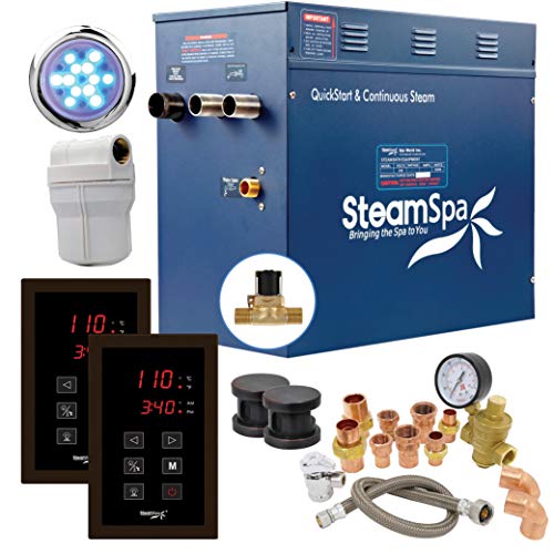 SteamSpa Executive 12 KW QuickStart ACU-Steam Bath Generator Package with Built-in Auto Drain in Oil Rubbed Bronze | Steam Generator Kit with Dual Control Panel Steamheads 240V | SS-EXT1200OB-A