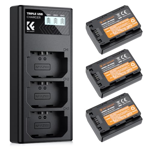 K&F Concept NP-FZ100 Battery and Three Slot Charger, 3-Pack A7 III Battery Compatible with Sony A7 IV, A7 III, A7C, FX3, Fx30, A9, A6600, A6700, ZV-E1, ZV-E10 II, A9S, A7R III, A7R IV, A7RV, 2280mAh