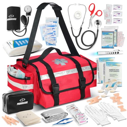 Primacare Fully Stocked Reflective Trauma Bag - 17" x 9" x 7" First Aid Responder Emergency Medical Supplies Kit, Professional EMT EMS Shoulder Bag with Zippered Side Pockets and Compartments (Red)