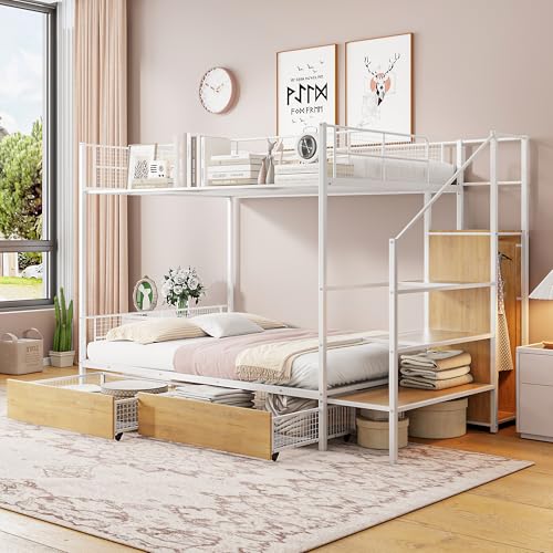 Twin Over Full Metal Bunk Bed with Stairs, Wardrobe and Storage Drawers and Shelves, Modern Style Heavy-Duty Steel Frame Bunk Bed with Safety Rail, for Bedroom, Dorm, White