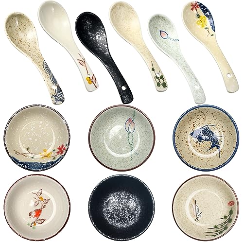 Tioncy Set of 12 Japanese Retro Style Tableware Soy Sauce Dish Set 6 Pcs Asian Soup Spoons 6 Pcs Ramen Appetizer Plates 3.8 Inch Japanese Rice Spoon for Sushi Sauce Snack