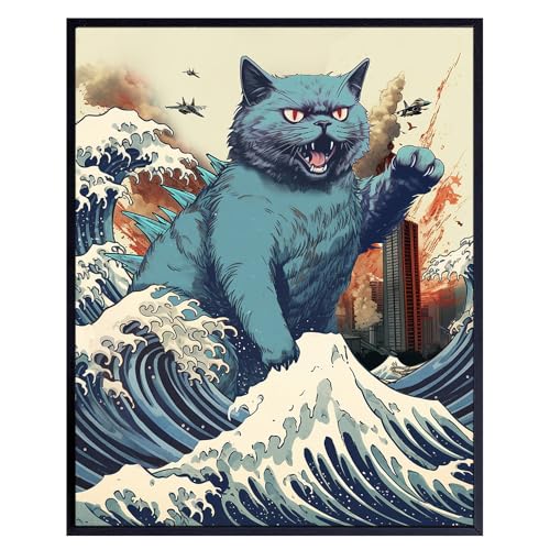 Funny Cat Wall Decor 11x14 - Cat Dad & Cat Mom Gifts - Cat Themed Cute Cat Poster - Cat Wall Art Decor - Cat Gift for Cat Lovers - Retro Vintage Cat Decorations - The Great Wave off Kanagawa