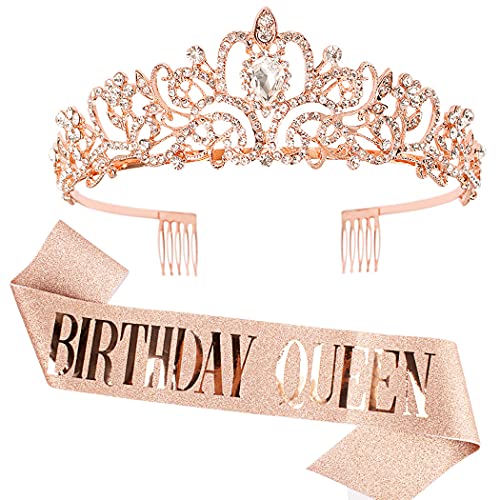 "Birthday Queen" Sash & Rhinestone Tiara Set COCIDE Rose Gold Birthday Sash and Tiara for Women Birthday Decoration Kit Rhinestone Headband for Girl Glitter Crystal Hair Accessories for Party