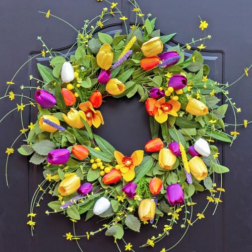 Spring Wreath 24 Inch Summer Wreaths for Front Door with Colorful Tulip Daisy and Yellow Berry for Outdoor Summer Wreath for Outside Vibrant Spring Decor