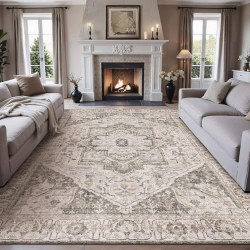 PureCozy Vintage Area Rug 8x10 Brown Washable Living Room Kitchen Indoor Carpet Non Slip Bedroom Traditional Medallion Distressed Retro Low Pile Accent Throw Large Rug Office Dining