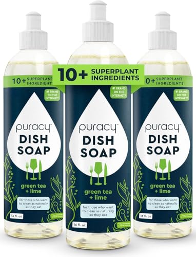 Puracy Natural Dish Soap - Skin-Softening Plant-Based Dishwashing Soap, Non-Toxic Dish Soap, Organic Liquid Dishwashing Detergent Soap (Green Tea & Lime, 16 fl oz, 3 Pack)