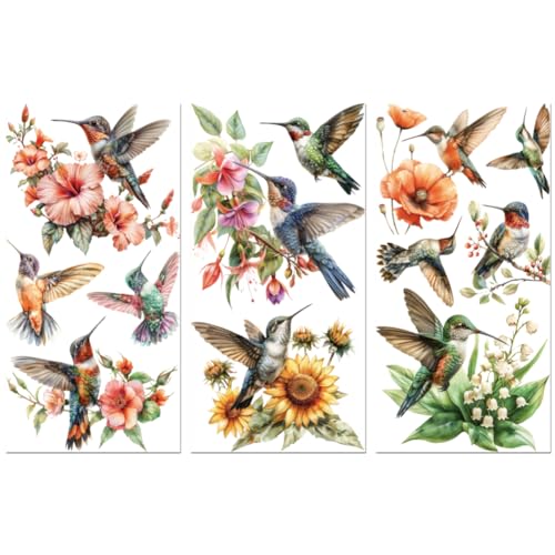 Peacoblue Rub on Transfer Decals for Furniture Crafts Letter 6"x12", 3Pcs Waterproof UV Transfer Peel and Stick Sticker for Dresser, Glass, Porcelain, Paper, Wood, Cloth Decor(Hummingbird and Flower)