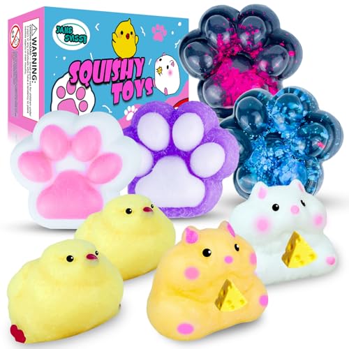 Cute Squishy Toys Pack,Squishy Fidget Toys Kit,Include Squishies(4 Cat Paws,2 Chick,2 Hamster),Stress Relief Toy,Sensory Toy,Cute Stuff,Gift for Girls, Boys, Kids and Adults