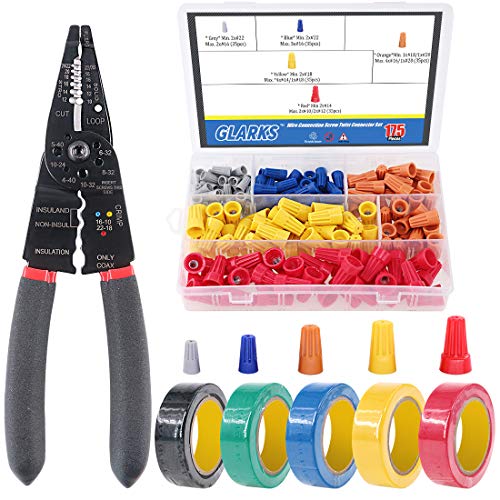 Glarks 8" 10-22 AWG Multifunction Wire Stripper/Crimper/Cutter and 175Pcs Twist Nuts Caps Electrical Wire Connectors Screw Terminals with 5Pcs Electrical Tape Assortment Set