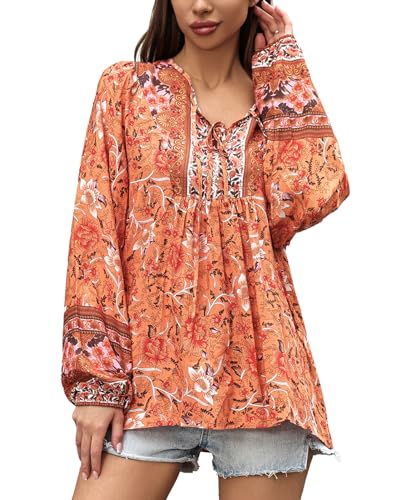 Vidifid Women's Casual Floral Print V Neck Top Loose Boho Long Sleeve Beach Shirts Blouses Orange