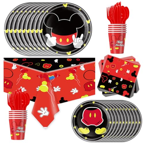 81 Pcs Mickey Party Tableware, Mouse Birthday Party Supplies, Paper Plates, Napkins, Cups, Knives, Spoons and Forks