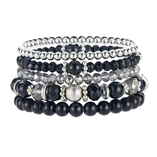 Noessla Beaded Pearl Stretch Bracelet Silver Stackable Crystal Beads Bracelets Trendy Costume Jewelry Mothers Day Gifts for Women(Black)