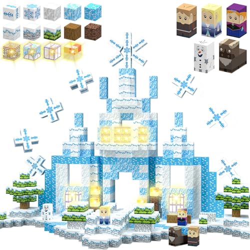 MEDMHSMA 200PCS Magnetic Blocks Frozen Toys, 1" Light Up Building Blocks Magnet Cubes Tiles for Toddlers Boys Girls 3+, Build Princess Castle Snow World, STEM Sensory Construction Toys