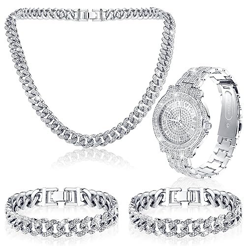 Huquary 4 Pcs Hip Hop Jewelry Set Cuban Link Chains Bling Rhinestone Watch for Man Artificial Diamond Necklace Bracelet Watch(Silver)
