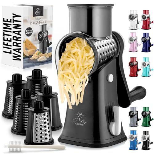 Zulay Kitchen Rotary Cheese Grater 5 Blade Cheese Shredder - Manual Hand Crank Cheese Grater With Reinforced Suction & 5 Interchangeable Drums - Easy to Use, Vegetable Chopper Round Mandoline Slicer