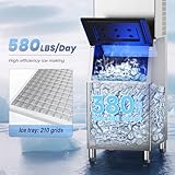 Commercial Ice Maker Machine 580Lbs/24H, 380Lbs Large Storage Bin, 210 Ice Cubes in 5-15 Minutes, Perfect for Bars, Cafes, Restaurants