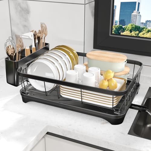 HOMEAILIE Dish Drying Rack for Kitchen Counter - Metal Utensil Rack, Adjustable Drain Spout, Utensil Separation Design, Maximize Cabinet Space, Dishwasher Safe Storage, Black