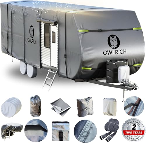 OWLRICH 600D Polyester Roof-Top Travel Trailer RV Cover. 18’-20’ Weather Resistant, Tearproof Anti-UV Breathable Camper Cover. Easy to Install and Pack, with a Rich Accessories List, Enjoy!