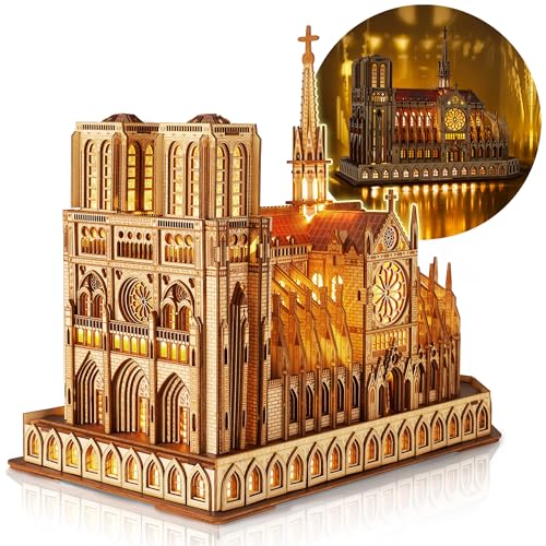 FUNPOLA LED 3D Wood Puzzle - Notre Dame de Paris Architecture Model-Night Edition with LED Lighting- DIY Building Model Craft Kit, Architecture Building Set