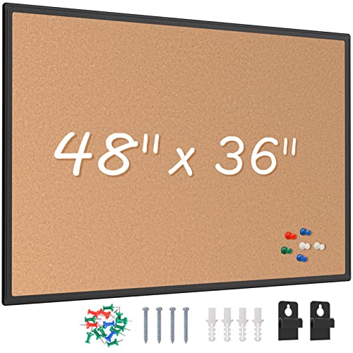 Board2by Bulletin Board 48 x 36, Black Aluminium Framed 4x3 Corkboard , Large Wall Mounted Notice Board with 18 Push Pins for School, Home & Office