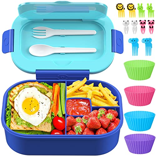 TIME4DEALS Kids Bento Lunch Box Leakproof Lunch Box with 4 Compartments Lunch Containers with Tableware Kids Bento School Lunch Boxes with Container 44oz, Microwave Dishwasher Freezer Safe (Blue)