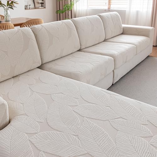 QIANMEW Couch Covers for Sectional Sofa, Washable Stretch Soft Sofa Cushion Covers L Shape Sofa Slipcovers Anti Slip Furniture Decor Protector for Pets (3 Seaters Covers+1 Chaise Cover,Ivory)