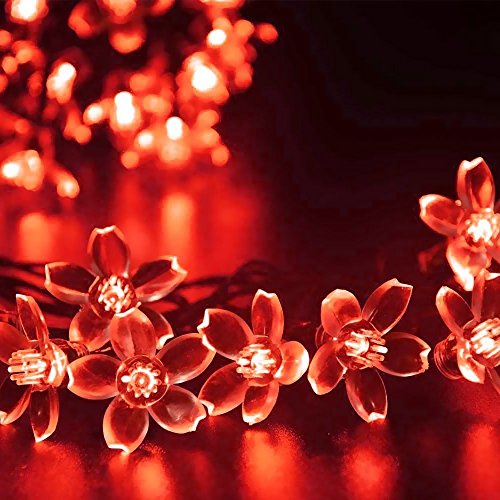 Solar Flower String Lights Outdoor,Waterproof 21FT 50LED Peach Cherry Blossom Solar Fairy String Lights 8modes for Gardens Indoor Home Wedding Christmas Party Decorations(Red)