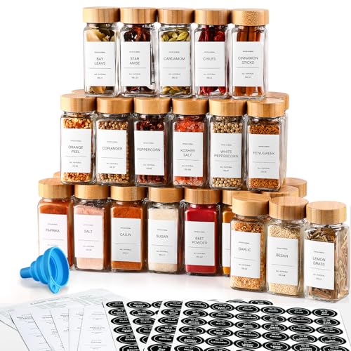 DWTS DANWEITESI 36 Pcs Glass Spice Jars - 4oz With Bamboo Lids, Empty Bottles With Labels, Kitchen Spice Jars With Shaker Lids